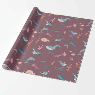 Papier Cadeau Aquarelle Océan Sea Animaux Motif rose pâle