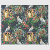 Papier Cadeau Aquarelle Oiseau et dessins de lanternes Noël (Plat)