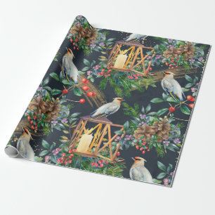 Papier Cadeau Aquarelle Oiseau et dessins de lanternes Noël
