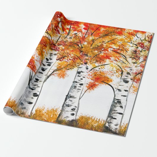 Papier Cadeau Aquarelle Oiseaux Arbres Automne Orange Feuille (Déroulé)