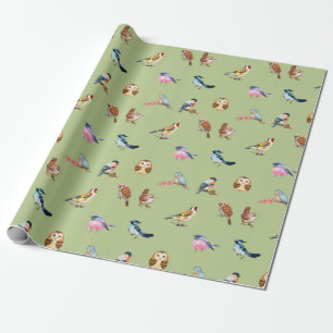 Papier Cadeau Aquarelle Oiseaux forestiers sauvages Vert
