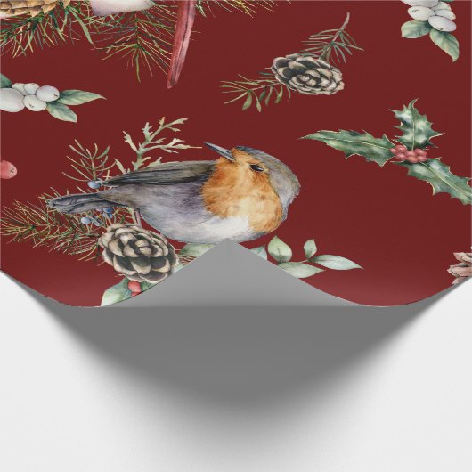 Papier Cadeau Aquarelle Oiseaux Motif de Noël (Coin)