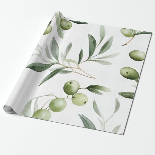 Papier Cadeau Aquarelle Olives vertes et Feuilles Pattes sans co (Déroulé)