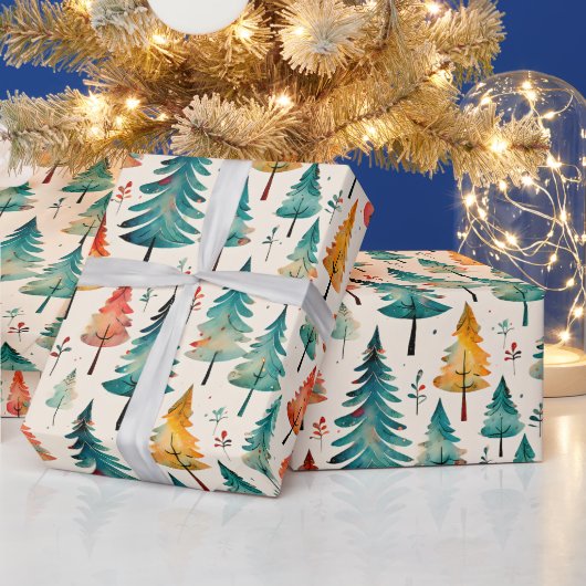 Papier Cadeau Aquarelle or et arbres verts de Noël (Vacances)