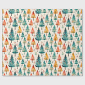 Papier Cadeau Aquarelle or et arbres verts de Noël (Plat)