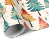 Papier Cadeau Aquarelle or et arbres verts de Noël (Coin rond)