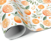 Papier Cadeau Aquarelle Orange & Feuilles sur Fond Blanc (Coin rond)