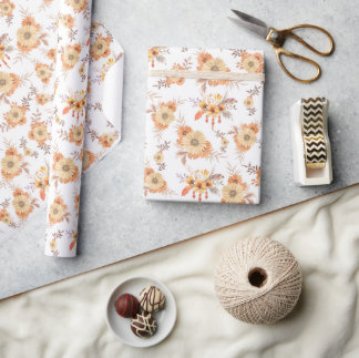 Papier Cadeau Aquarelle Orange Fleur Floral Feuille Boho