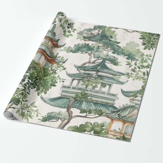 Papier Cadeau Aquarelle Pagode asiatique dans paysage verdoyant (Déroulé)