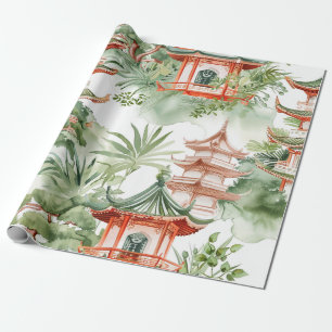 Papier Cadeau Aquarelle Pagode asiatique dans paysage verdoyant 