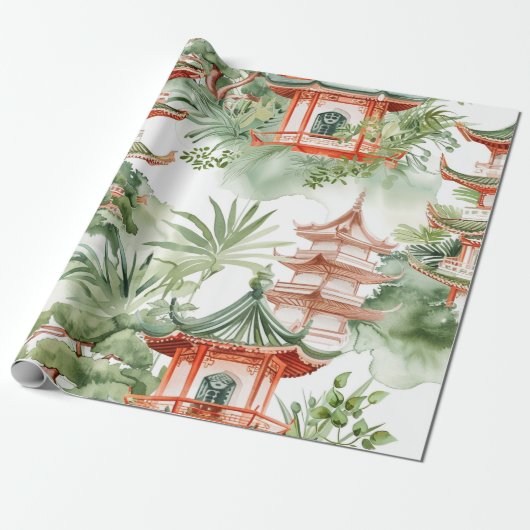 Papier Cadeau Aquarelle Pagode asiatique dans paysage verdoyant  (Déroulé)