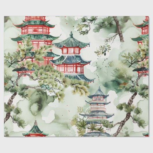 Papier Cadeau Aquarelle Pagode asiatique dans paysage verdoyant (Plat)