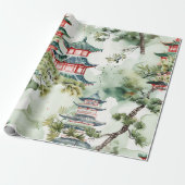 Papier Cadeau Aquarelle Pagode asiatique dans paysage verdoyant (Déroulé)