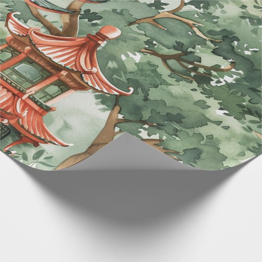 Papier Cadeau Aquarelle Pagode asiatique dans paysage verdoyant (Coin)