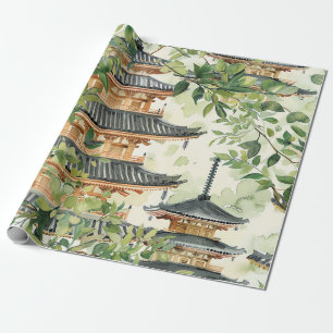 Papier Cadeau Aquarelle Pagode asiatique dans paysage verdoyant 