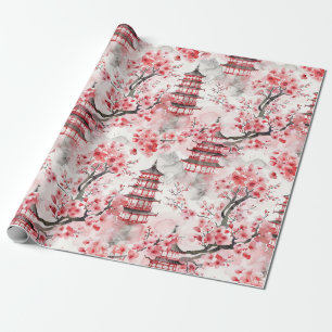 Papier Cadeau Aquarelle Pagode chinoise aux fleurs de cerisiers 