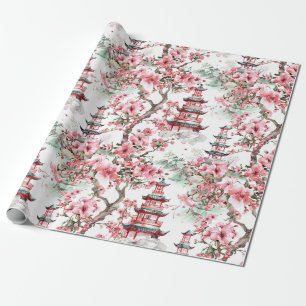 Papier Cadeau Aquarelle Pagode chinoise - Fleurs de cerisiers (1