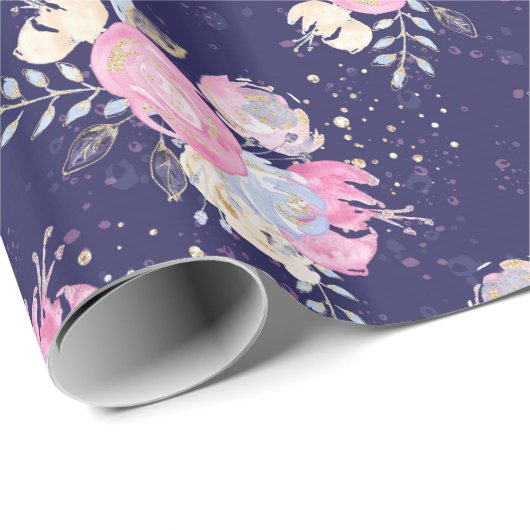 Papier Cadeau Aquarelle Pastel Fleurs avec Parties scintillant (Coin rond)