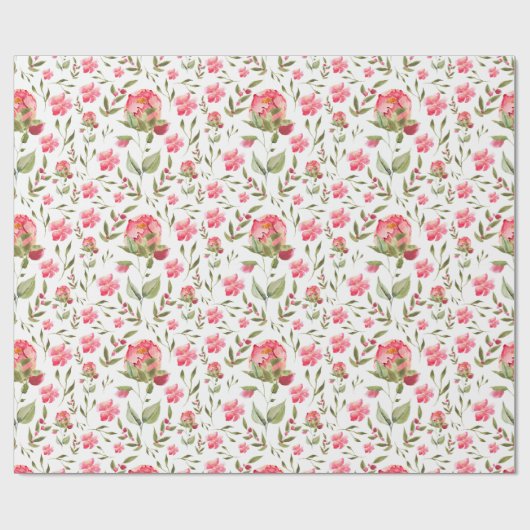 Papier Cadeau Aquarelle Peony Floral - Rose & Vert (Plat)