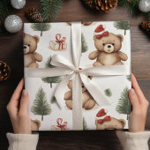 Papier Cadeau Aquarelle Père Noël Teddy Ours et pins Noël