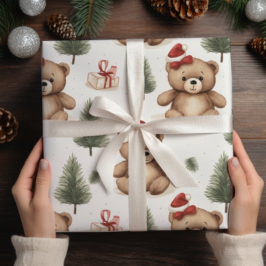 Papier Cadeau Aquarelle Père Noël Teddy Ours et pins Noël
