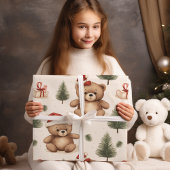 Papier Cadeau Aquarelle Père Noël Teddy Ours et pins Noël