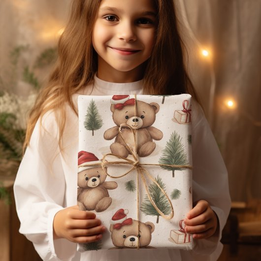 Papier Cadeau Aquarelle Père Noël Teddy Ours et pins Noël
