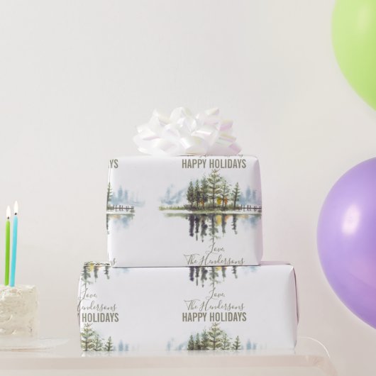 Papier Cadeau Aquarelle personnalisée Pine d'hiver Arbre vert No (Cadeaux de fête)