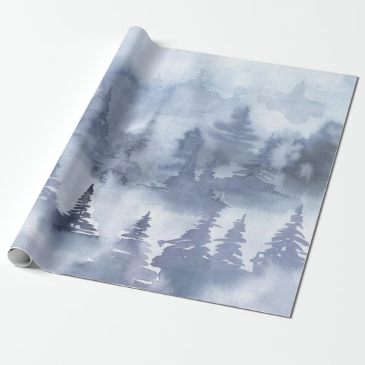 Papier Cadeau Aquarelle Pin rustique Arbres Forêt Neige hiver (Déroulé)