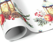 Papier Cadeau Aquarelle Pine Cônes Orange Lanterne de Noël (Coin rond)