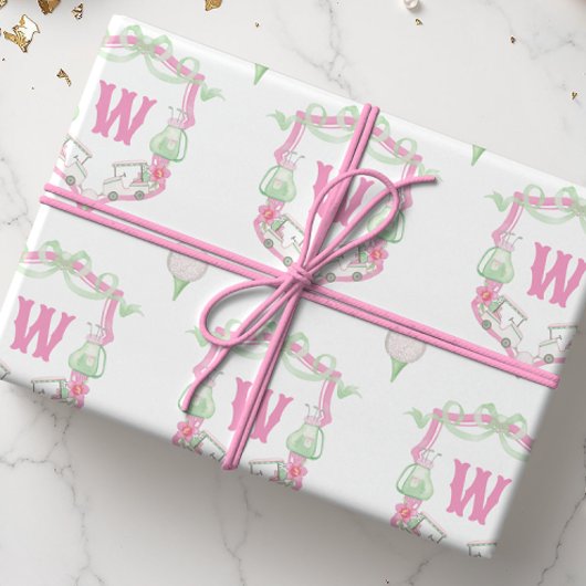 Papier Cadeau Aquarelle Pink & Green Golf Panier Monogram Crest
