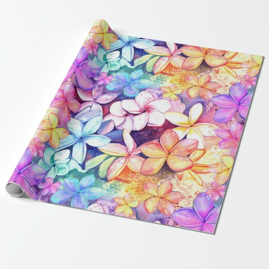 Papier Cadeau Aquarelle Plumeria Fleurs Enveloppement Papier (Déroulé)