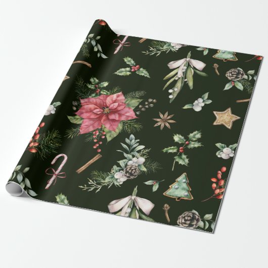 Papier Cadeau Aquarelle Poinsetta Motif de Noël (Déroulé)