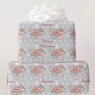 Papier Cadeau Aquarelle Poinsettia & Bougie Ajouter le nom Noël
