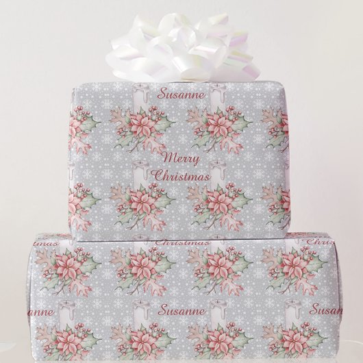 Papier Cadeau Aquarelle Poinsettia & Bougie Ajouter le nom Noël