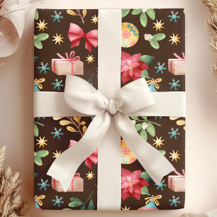 Papier Cadeau Aquarelle Poinsettia et Mistletoe Noël