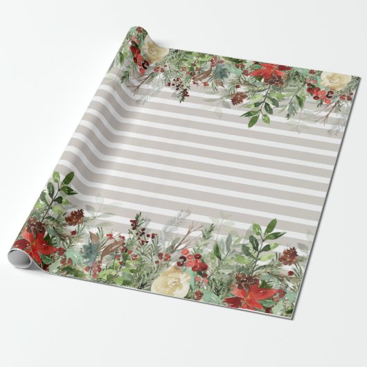 Papier Cadeau Aquarelle Poinsettia Pine Cascade rayée (Déroulé)