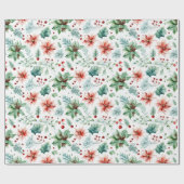 Papier Cadeau Aquarelle Poinsettias et Berries Noël (Plat)