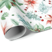 Papier Cadeau Aquarelle Poinsettias et Berries Noël (Coin rond)