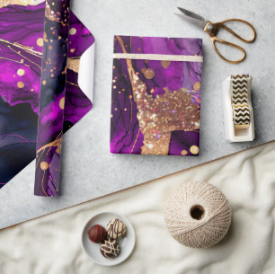 Papier Cadeau Aquarelle Purple et Parties scintillant d'or Encre