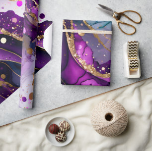 Papier Cadeau Aquarelle Purple et Parties scintillant d'or Encre