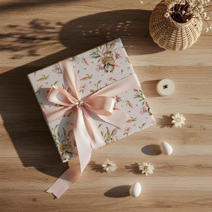 Papier Cadeau Aquarelle Rabbit de Pâques, Carottes & Design Flor