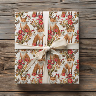 Papier Cadeau Aquarelle Renard de la Forêt Sauvage Fleur Rouge A