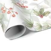 Papier Cadeau Aquarelle Renard de Noël, Branches de pins, Baies (Coin rond)