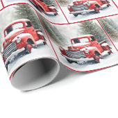 Papier Cadeau Aquarelle Retro Camion Rouge En Hiver Woods (Coin rond)