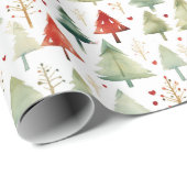 Papier Cadeau Aquarelle rétro Noël Arbres (Coin rond)