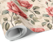 Papier Cadeau Aquarelle rétro Roses rouges françaises et écritur (Coin rond)