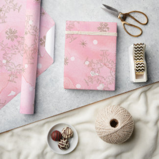 Papier Cadeau Aquarelle rose avec flocons de neige à parties sci