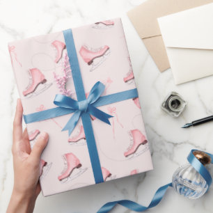 Papier Cadeau Aquarelle rose d'hiver patins à glace chaussures m