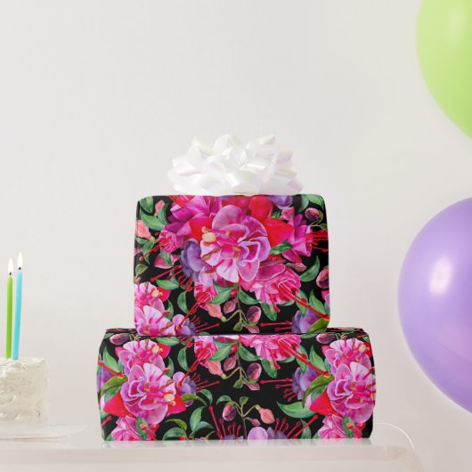 Papier Cadeau Aquarelle rose et noire Fuchsia Blooms (Cadeaux de fête)